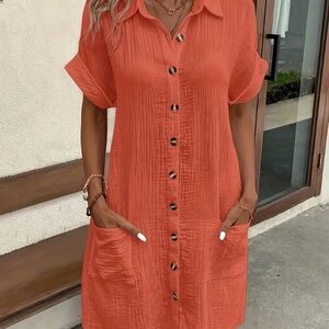 Casual Orange Button-Up Dress